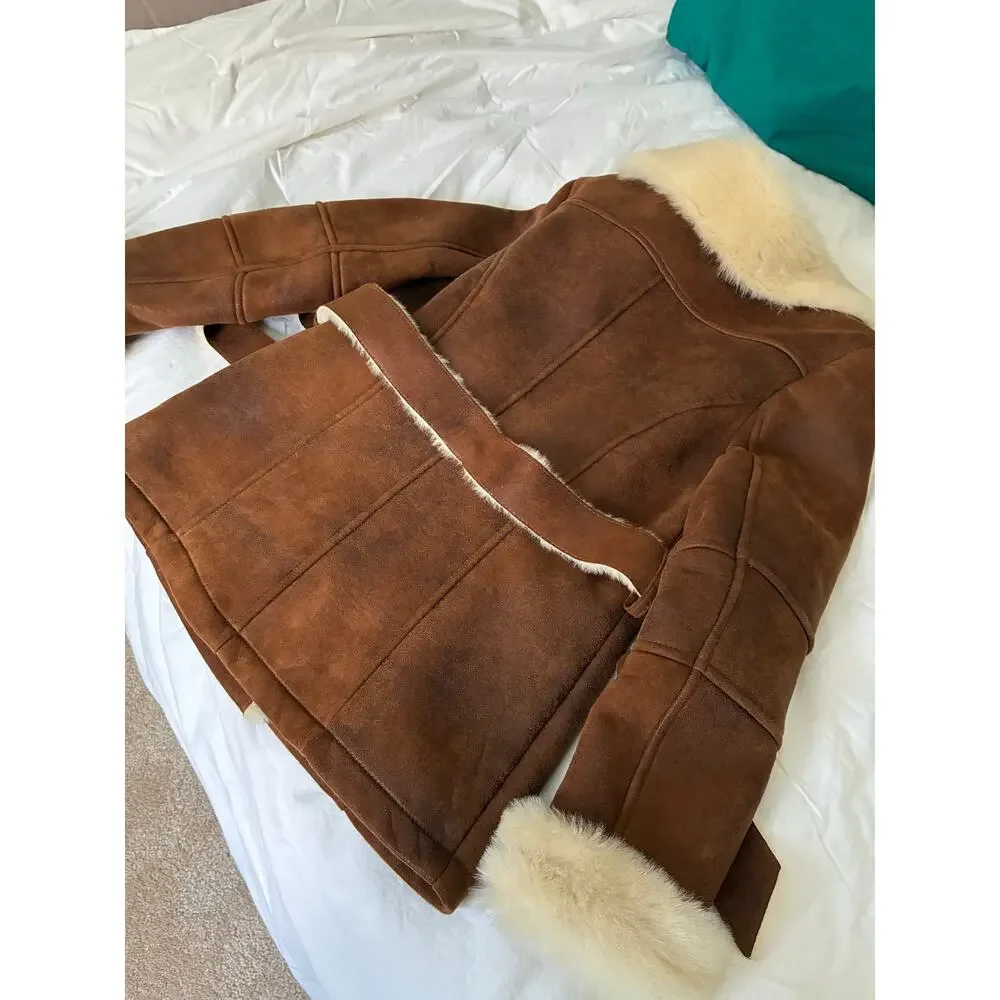 Women’s double-breasted faux shearling wrap coat- tan - size S - Picture 11 of 12